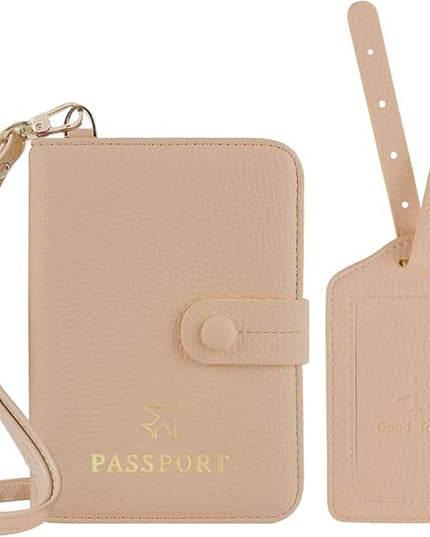 Passport Holder RFID Protected Wallet and Luggage Tag with Protection Cover Travel Accessories Leather Card Case Organizer for Women Men (Beige)