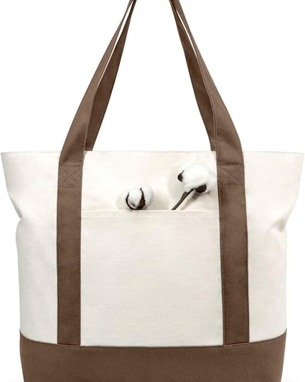 TOPDesign 3-Pack Canvas Tote Bags with an External Pocket, Reusable Grocery Shopping Bags, Top Zipper Closure, Daily Essentials (Brown/Natural)