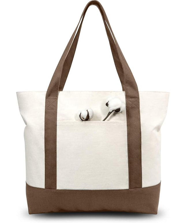 TOPDesign 6-Pack Canvas Tote Bags with an External Pocket, Reusable Grocery Shopping Bags, Top Zipper Closure, Daily Essentials (Brown/Natural)