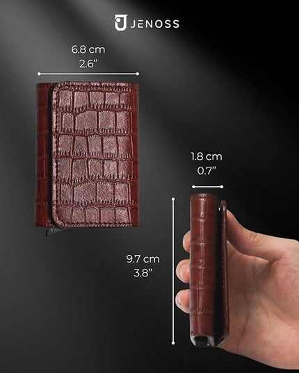 Jenoss Smart Wallet For Men: Full Grain Leather, Handcrafted, Slide Metal Pop Up Case, Slim RFID Blocking Credit Card Holder, Minimalist, Compact, 6-8 Cards Organizers, Front Pocket, Clip (Burgandy)