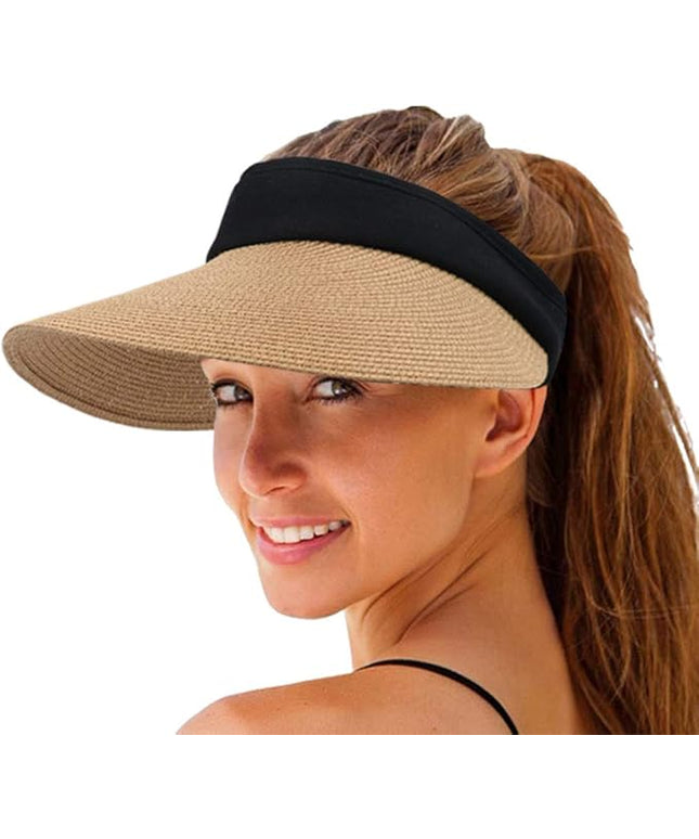Women Straw Sun Visor Hat Wide Brim Summer UV Protection Beach Cap Foldable Packale Korean Style