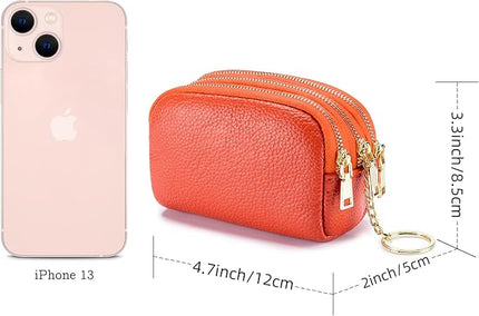LINNO 3 Zippered Genuine Leather Coin Purse Triple Capacity Change Pouch Little Travel Wallet With Key Ring for Women