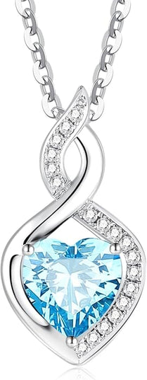 FANCIME 14K Solid White Gold Heart Birthstone Necklace with Diamond Pendent Birthday Gifts for Mom Women, Sterling Silver Chain 16" + 2" Extender