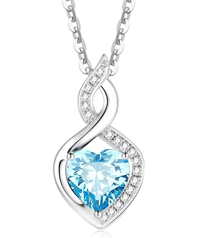FANCIME 14K Solid White Gold Heart Birthstone Necklace with Diamond Pendent Birthday Gifts for Mom Women, Sterling Silver Chain 16" + 2" Extender