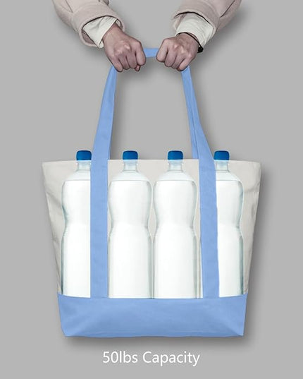 TOPDesign 3-Pack Canvas Tote Bags with an External Pocket, Reusable Grocery Shopping Bags, Top Zipper Closure, Daily Essentials (Light Blue/Natural)