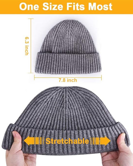 3 Pack Wool Fisherman Beanies for Men, Short Knit Watch Cap Cuffed Trawler Hats