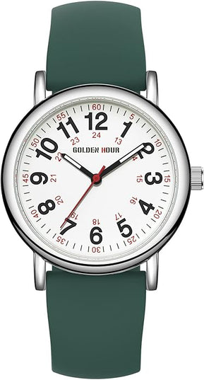 GOLDEN HOUR Waterproof Nurse Watch for Medical Professionals, Students Women Men - Military Time Luminouse Easy Read Dial, 24 Hour with Second Hand, Colorful Silicone Band