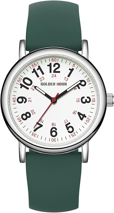 GOLDEN HOUR Waterproof Nurse Watch for Medical Professionals, Students Women Men - Military Time Luminouse Easy Read Dial, 24 Hour with Second Hand, Colorful Silicone Band