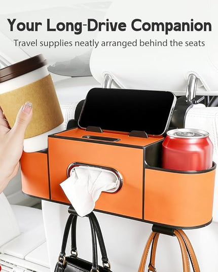 Multifunctional Car Seat Back Storage Box, 3-in-1 Backseat Car Organizer with Dual Cup Holders, Hold Phones, Snacks, Drinks, and Handbags (Orange)