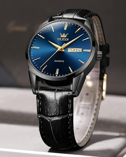 OLEVS Watches for Men Brown Leather Gold Case Analog Quartz Fashion Business Dress Watch Day Date Luminous Waterproof Casual Male Wrist Watches