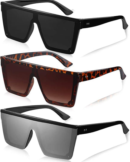 Frienda 3 Pairs Oversized Flat Top Sunglasses Vintage Square Sunglasses Unisex Square Shade Glasses for Men Women(Black, Orange-brown, Gray)