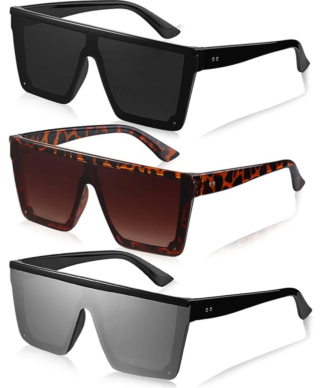 Frienda 3 Pairs Oversized Flat Top Sunglasses Vintage Square Sunglasses Unisex Square Shade Glasses for Men Women(Black, Orange-brown, Gray)