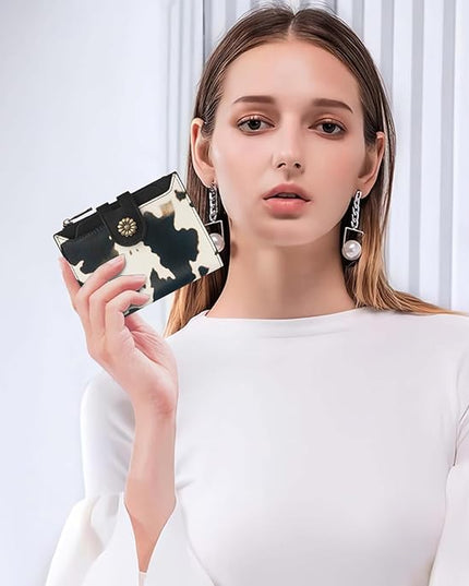 Blucoay Wallet Women,RFID Blocking Leather Womens Wallet Bifold Compact Card Holder Small Wallet for Women with Removable ID Window cowprint black