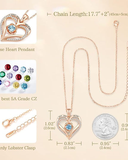 CDE Christmas Gifts for Women S925 Silver Rose Gold Heart Birthstone Necklaces for Women，Ideal Anniversary or Birthday Jewelry Gifts for Wife Girlfriend Her
