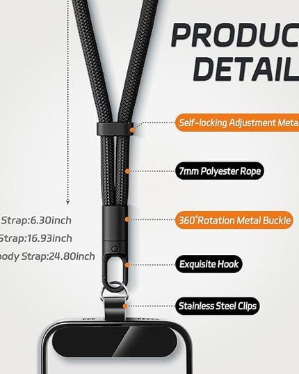 2 Pack Phone Lanyard,2×Hand Wrist Strap,4×Tether Tabs,Universal Cell Phone Multifuctional Patch Polyester Lanyards,Cell Phone Hand Strap for Women and Men(balck+grey)