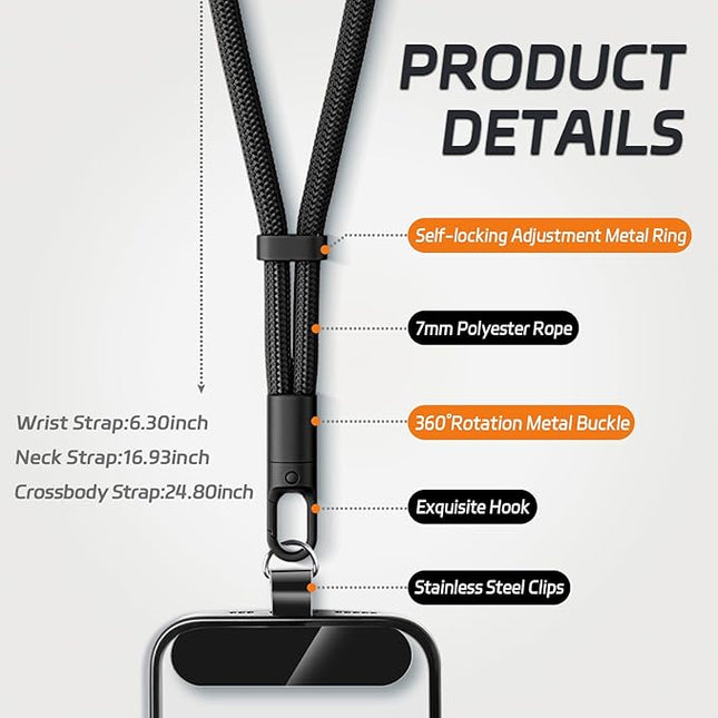 2 Pack Phone Lanyard,2×Hand Wrist Strap,4×Tether Tabs,Universal Cell Phone Multifuctional Patch Polyester Lanyards,Cell Phone Hand Strap for Women and Men(balck+grey)