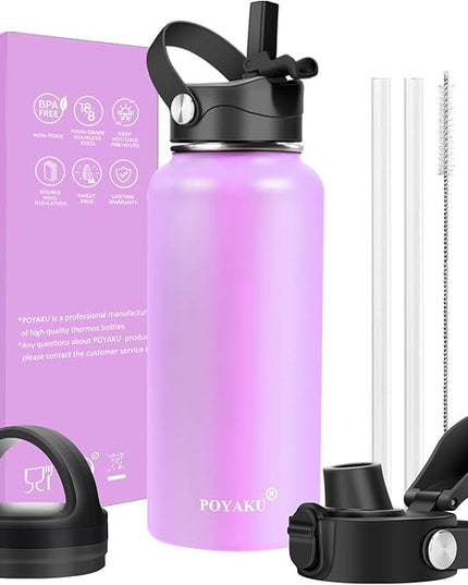 Water Bottle Insulated 32oz 40oz 64oz 128oz Straw Lid Spout Lid & 3 Lids, Leak Proof, Vacuum Insulated,Stainless Steel Water Bottle Wide Mouth for Sports, Gym or Office