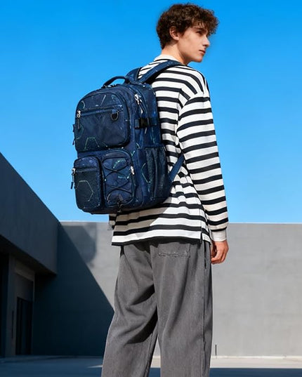 Lohol Multi-Pocket Backpack for Travel College, Heavy Duty Big Bookbag with 15.6 inch Laptop Compartment (Navy Geometry