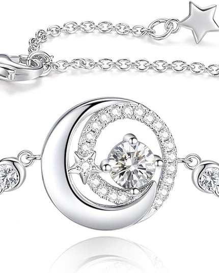 FANCIME Birthstone Bracelets 925 Sterling Silver Moon and Star Bangle Charm Bracelet Fine Jewelry Birthday Anniversary Christmas Day Gift for Her Women, Adjustable Chain 6.7"+1.2" Extend