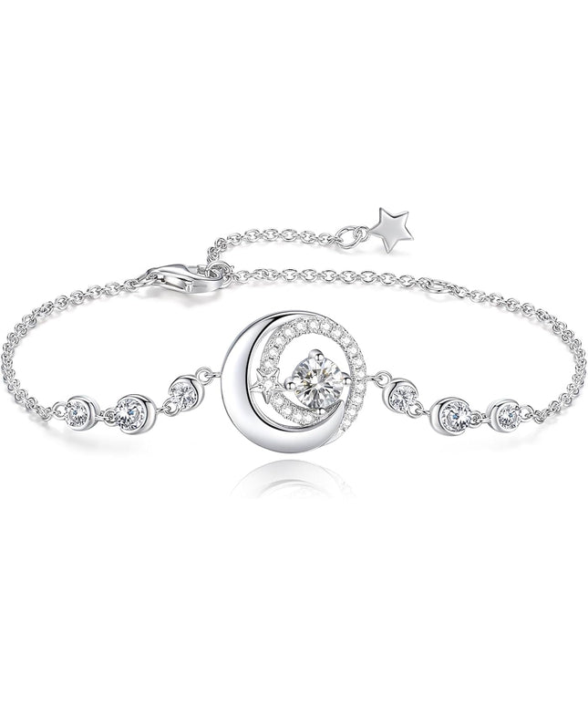 FANCIME Birthstone Bracelets 925 Sterling Silver Moon and Star Bangle Charm Bracelet Fine Jewelry Birthday Anniversary Christmas Day Gift for Her Women, Adjustable Chain 6.7"+1.2" Extend