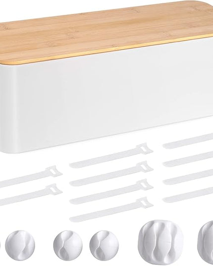 Cable Management Box - Wooden Style Large Cord Organizer Box to Hide Wires & Power Strips | Desk Computer Cable Organizer Box | Safe ABS Material |16" (L) x 6.2" (W) 5.3" (H)|for Home & Office - White