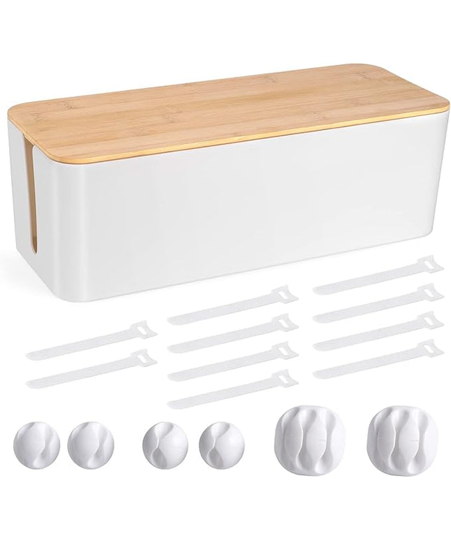 Cable Management Box - Wooden Style Large Cord Organizer Box to Hide Wires & Power Strips | Desk Computer Cable Organizer Box | Safe ABS Material |16" (L) x 6.2" (W) 5.3" (H)|for Home & Office - White