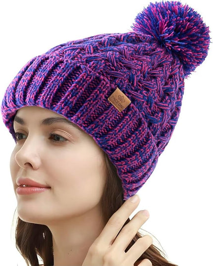 PAGE ONE Womens Winter Ribbed Beanie Crossed Cap Chunky Cable Knit Pompom Soft Warm Hat