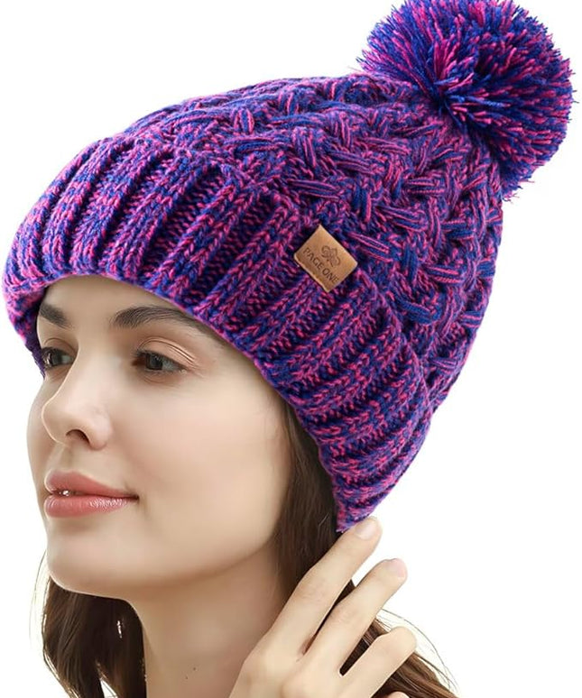 PAGE ONE Womens Winter Ribbed Beanie Crossed Cap Chunky Cable Knit Pompom Soft Warm Hat