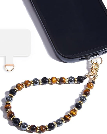 Marble Beaded Phone Wrist Strap,Detachable Phone Bracelet Strap with Tether Tab,Hands-Free Wristlet Strap (Yellow Tiger Eye)