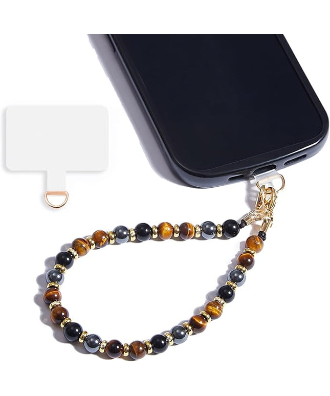 Marble Beaded Phone Wrist Strap,Detachable Phone Bracelet Strap with Tether Tab,Hands-Free Wristlet Strap (Yellow Tiger Eye)