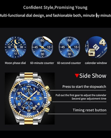 OLEVS Mens Watches Chronograph Watch Luxury Dress Stainless Steel Waterproof Watches for Men Moon Phase Luminous Business Calendar Wrist Watch Blue/Black/Green/Gold/Face