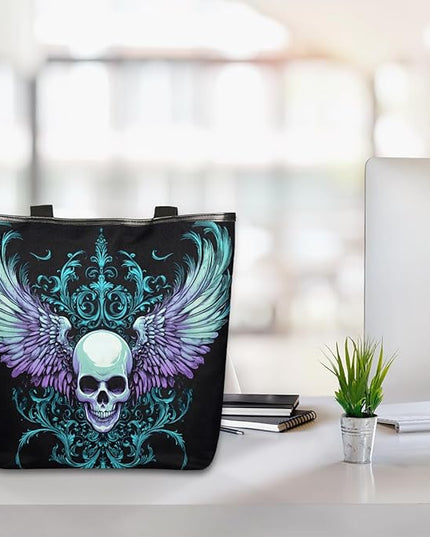 Pardick Gothic Skull Canvas Tote Bag, Eco Friendly Reusable Grocery Shopping Bags Beach Bag Book Tote Handbags Washable Shoulder Bag With Zipper Inner Pocket for Women Girls