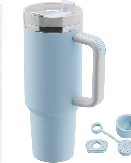 40 oz tumbler with handle and straw,Double Wall Vacuum Reusable Stainless Steel Insulated Water Bottle,With Leak Proof lid and Straw for Iced or Cold Beverages (Glacier)