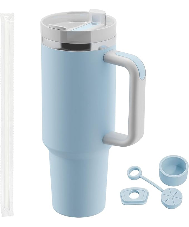 40 oz tumbler with handle and straw,Double Wall Vacuum Reusable Stainless Steel Insulated Water Bottle,With Leak Proof lid and Straw for Iced or Cold Beverages (Glacier)