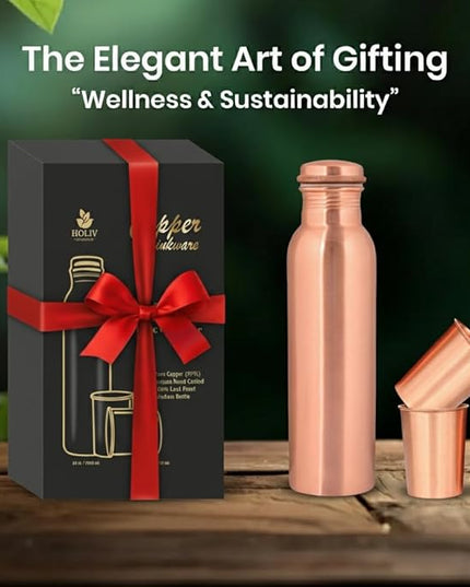 Pure Copper Water Bottle and 2 Tumbler Set - 34oz Smooth Vessel with 10oz Cups - Artisan Handcrafted Drinkware Kit - Sustainable Gift Box