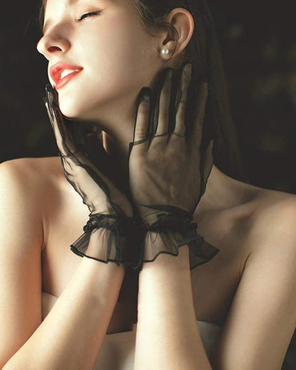 Women's Summer Tulle Gloves Pleated Ruffle Full Finger Wrist Length Opera Party Gloves
