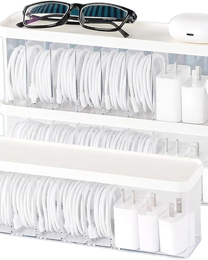 Charger Cable Cord Storage Organizer Box - 3 Pack With Lid - Easy Storage Without Cable Ties