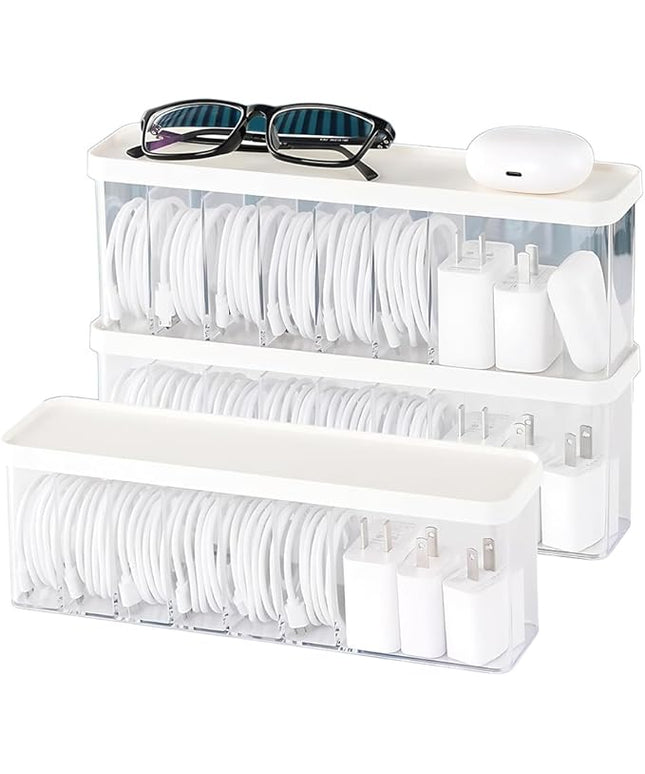Charger Cable Cord Storage Organizer Box - 3 Pack With Lid - Easy Storage Without Cable Ties