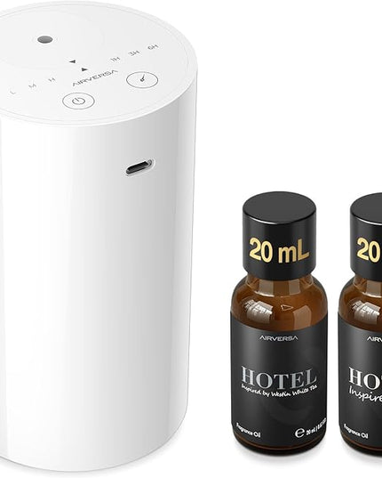 Airversa Waterless Essential Oil Diffuser Starter Kit with 2x20mL Hotel Fragrance Oils for Car Home Office, Up to 600 sq ft, Cordless Nebulizer Baterry Operated, Mist & Timer Settings AN8Kit-3, White
