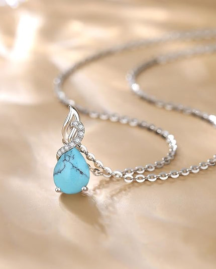 FANCIME 14K Solid White Gold Teardrop Pendant with Diamond Birthstone Necklace