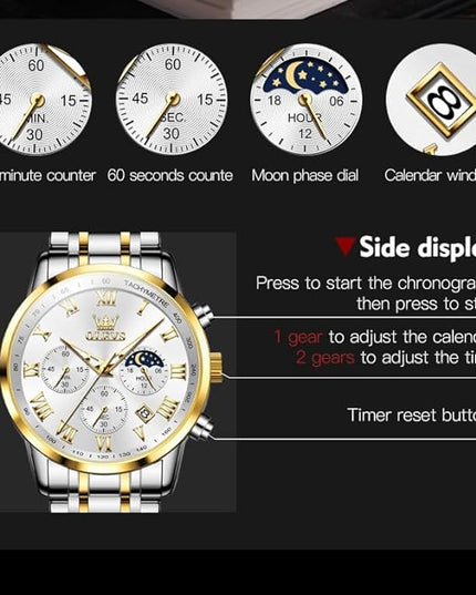 OLEVS Mens Watch Luxury Big Face Stainless Steel Analog Quartz Multifunctional Waterproof Luminous Date Two Tone Fashion Dress Wrist Watches for Man