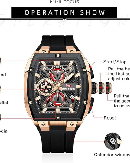 MF MINI FOCUS Men's Watch Analog Fashion Wrist Watch, Skeleton Tonneau Watch for Men with Chronograph,Ideal for Sports Enthusiasts and Daily Wear