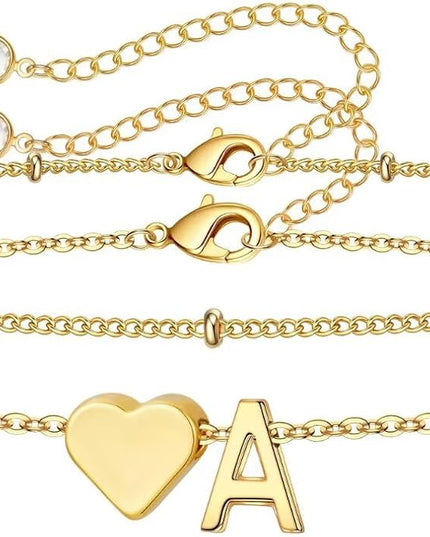 M MOOHAM Valentines Day Gifts for Kids Teen Girls -14K-Gold-Plated Heart Initial A-Z Bracelets for Women Girl Dainty Gold Bracelets Birthday Valentines Gifts for Women Her Teenage Girls Kid Teen Gift