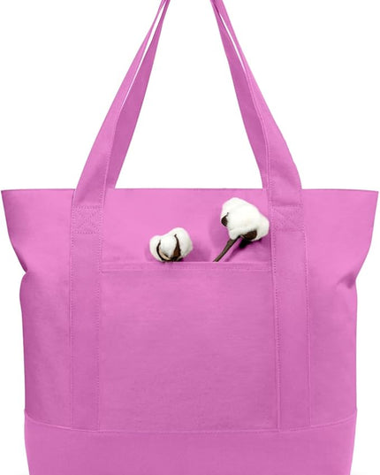 TOPDesign 3-Pack Canvas Tote Bags with an External Pocket, Reusable Grocery Shopping Bags, Top Zipper Closure, Daily Essentials (Light Purple)