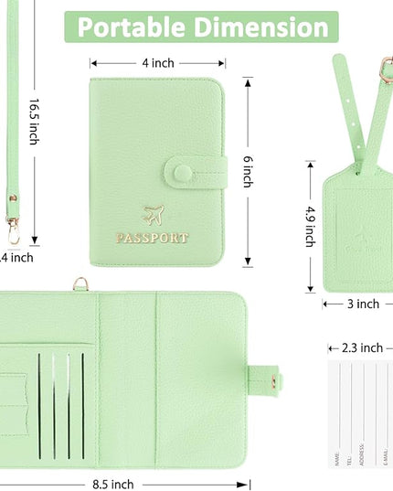 Passport Holder RFID Protected Wallet and Luggage Tag with Protection Cover Travel Accessories Leather Card Case Organizer for Women Men (Green)