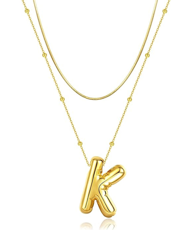 LUCA SMITH Initial Necklaces for Women, Dainty Balloon Bubble Letter, Name Letter Alphabet Pendant Layered Choker Chain Jewelry Gift