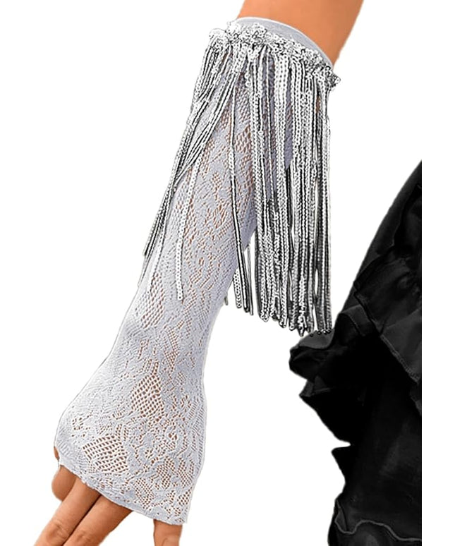 Sequin Fringe Gloves,Fingerless Lace Arm Sleeves For Women,Sparkly Rave Party Costume Fits US 0-8