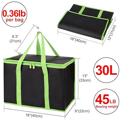 CIVJET 2-Pack Insulated Reusable Grocery Bags, X-Large Insulated Food Delivery Bag for Delivery Drivers, Commercial Food Warmer for Shopping, Tote Cooler Bags, Black with Green Edge