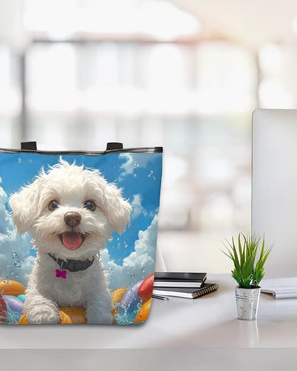 Pardick Summer Surfing Dogs Canvas Tote Bag, Eco Friendly Reusable Grocery Shopping Bags Beach Bag Book Tote Handbags Washable Shoulder Bag With Zipper Inner Pocket for Women Girls