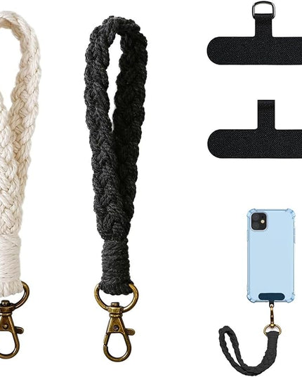 2 PCS Phone Wrist Strap, Cell Phone Lanyard, with 2× Phone Tether Tab, Handmade Macrame Keychain, Phone Case Wrist Lanyard for Women Girls(White+Black)